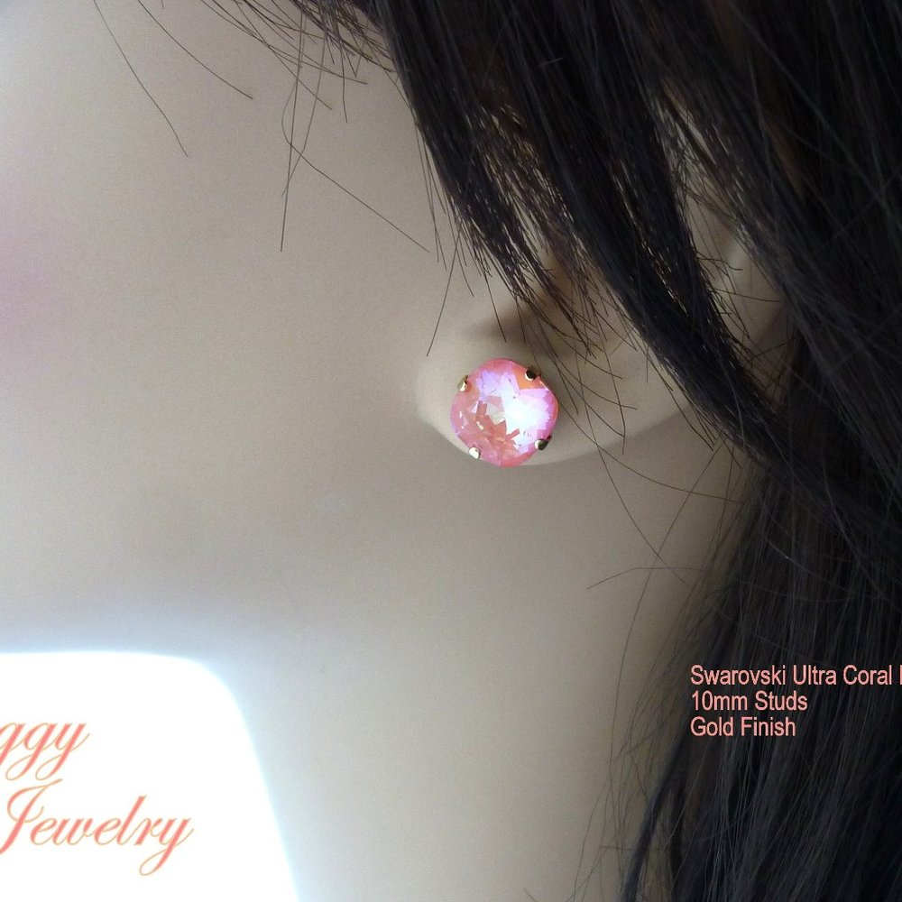 Swarovski Crystal Stud Earrings, Ultra Coral Reef, Assorted Finishes - Picture 5 of 6